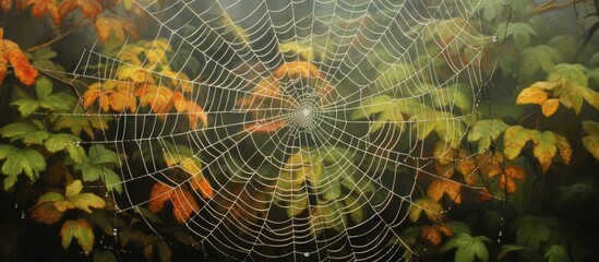 Wall Mural - An arthropods spider web made of natural material is intricately woven among leaves in a forest, creating a beautiful pattern while capturing insects for the terrestrial animal