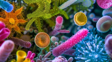 Canvas Print - A microscopic image of a vibrant and diverse bacterial community with various shapes and sizes of bacteria forming a complex biofilm