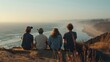 A group of friends sit atop a lookout point backs turned to the camera as they gaze out at the vast unending ocean stretching . .
