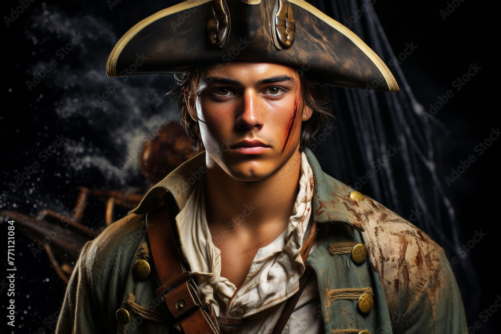 Handsome young Pirate Captain in tricorn hat with scarred face ...