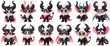 Set of cute creatures with horns. Character collection on white background.