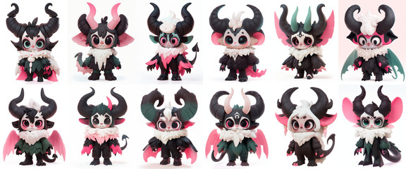 Sticker - Set of cute creatures with horns. Character collection on white background.