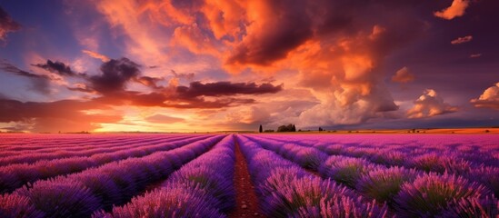 Poster - A picturesque scene of a lavender field under a colorful sunset sky, capturing the beauty of natural landscape and plant life. Cumulus clouds add to the artistic atmosphere of the grassland plain