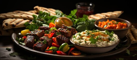 Wall Mural - Grilled lamb shish kebab with vegetables and hummus