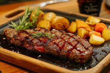 Wall Mural - Juicy Grilled Steak with Roasted Potatoes and Vegetables on Wooden Serving Board, Gourmet Meal Concept