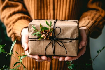 Wall Mural - Person Holding Eco Friendly Wrapped Gift with Twine and Greenery Decoration Against a Dark Background