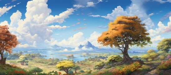 Canvas Print - A beautiful natural landscape painting featuring trees, grass, and cumulus clouds in the sky