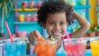 Close-up of a young aspiring bartender in a playful nursery setting mixing vibrant non-alcoholic drinks with a big smile
