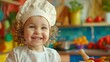 Close-up of a smiling child dressed as a chef happily cooking in a colorful nursery kitchen embodying childhood dreams and creativity
