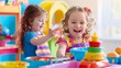 Close-up of happy kids in a nursery playfully cooking in a mini kitchen set vibrant colors capturing the joy of childhood