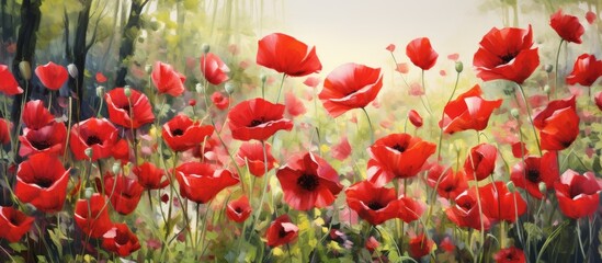 Sticker - A beautiful natural landscape featuring a field of red corn poppies, a flowering plant with vibrant red petals growing as groundcover in a meadow