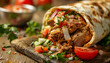 Delicious Shawarma Wrap Filled with Juicy Grilled Meat, Fresh Vegetables, and Garlic Sauce, Wrapped in a Soft Flatbread, Perfect for a Flavorful Middle Eastern Meal