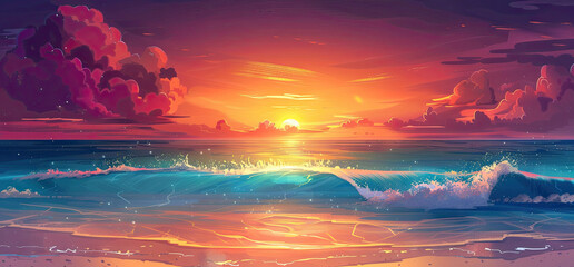 Wall Mural - Beautiful Caribbean Beach Sunset with Ocean Waves - Tropical Landscape Background