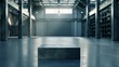 Blank metal pedestal for product show and display in empty warehouse, Technology background. Hangar. Garage. Futuristic corridor, copy space.