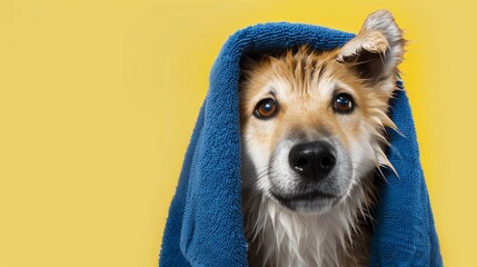 Wall Mural - Cute Shiba Inu dog after bath looking at the camera, with towel wrapped around head after washing isolated on gray background with copy space.