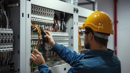 Close up of professional electrician installing electric cable wires of fuse switch box, concept of engineer working and repairing.