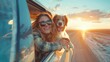 Excited cheerful lady with cute dog on the car at sunset, Travel concept.