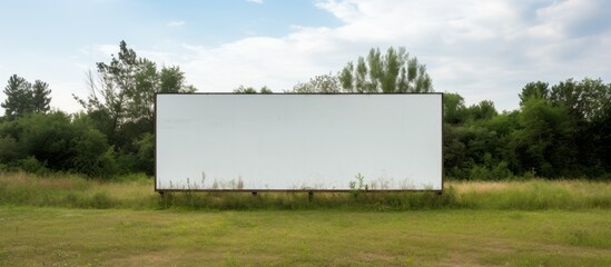 Canvas Print - A rectangular white billboard stands in a grassy field under the sky, surrounded by plants and trees, creating a natural landscape