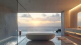 Fototapeta  - A modern and minimalist bathroom, floor-to-ceiling glass wall, modern bathtub, Ocean View Room, Sunny. For design, 3d render, decoration, lifestyle