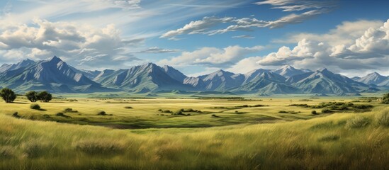 Poster - An art piece depicting a natural landscape with a grassy field, mountains, and a cloudy sky. The cumulus clouds add dimension to the horizon