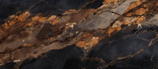 Wall Mural - A detailed shot showcasing the intricate patterns of a black and brown marble texture, resembling a natural landscape with elements of soil, rock, and bedrock