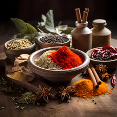 Sticker - A close-up of a mix of spices in a rustic kitchen. 