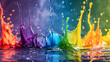 Vibrant color splash with reflective water drops, a dynamic dance of hues.