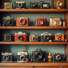 Sticker - A collection of vintage cameras on a shelf.