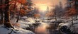 An art piece depicting a river winding through a snowy forest at sunset, with the sky painted in hues of orange and pink, creating a magical and serene atmosphere