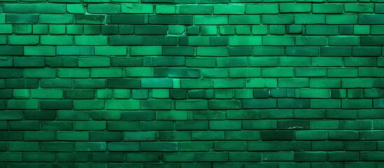 Wall Mural - A close up of a green brick wall at night, showcasing the symmetry and pattern of the aqua bricks with hints of electric blue, resembling a rectangle building material with a flooring of grass
