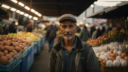 Wall Mural - Old person at eggs and vegetables market