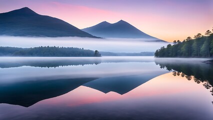 Wall Mural - Beautiful morning landscape of lake and mountains in the morning mist.