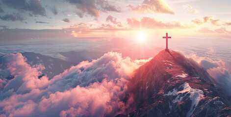 Wall Mural - Crucifix atop a Mountain: Sunlight Piercing through Clouds, Inspirational Christian Image. Crucifix Atop Mountain: Sun Rays and Clouds, Easter Concept. Copy Space for Text Photo Realistic.