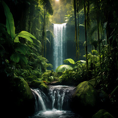 Wall Mural - A majestic waterfall in a lush tropical rainforest