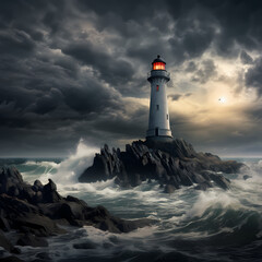 Poster - A serene coastal lighthouse against a stormy sky. 