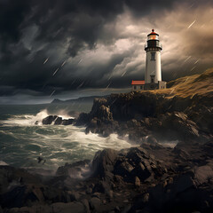 Poster - A serene coastal lighthouse against a stormy sky. 