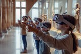 Fototapeta  - A group of children, equipped with virtual reality headsets, is immersed in a vivid simulation of an ancient Egyptian temple.