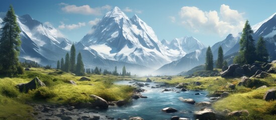 Canvas Print - A scenic river flows through a picturesque mountain valley, with majestic mountains in the background under a sky dotted with fluffy clouds