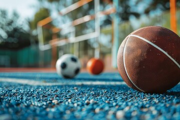 Wall Mural - Various sports balls on blue running track - A basketball, soccer ball, and smaller ball arranged on a textured blue running track, indicating a variety of sports