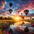 A field of colorful hot air balloons taking off at sunrise