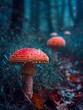 © Tida - Vibrant red mushrooms standing in mystical woods - Two striking red amanita mushrooms pop against a deep blue, foggy forest backdrop invoking a fairy-tale essence