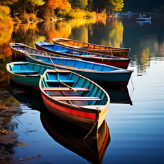 Wall Mural - Colorful rowboats on a tranquil lake.