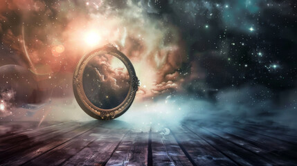 Wall Mural - A large glowing mirror in the shape of a circle floats in the sky above the wooden floor. The circle is surrounded by a hazy, otherworldly atmosphere.