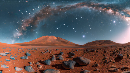 Wall Mural - Desert landscape with a large rock in the foreground and a large star in the background. The sky is dotted with stars and the moon is visible. Nature concept.