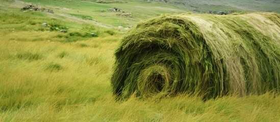 Poster - A circular bale of hay rests in the center of a picturesque grassland meadow, creating a natural landscape that resembles a painting