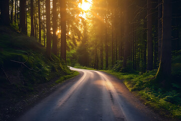 mountain road with trees with the sun setting above i 10ed8741-5f44-433f-b258-63bf72b19e0a 3