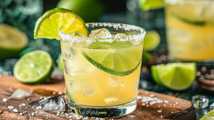 Wall Mural - A glass of classic margarita with salt rim and lime