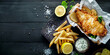 © VALUEINVESTOR - fish and chips with white sauce on a dark background, generative AI