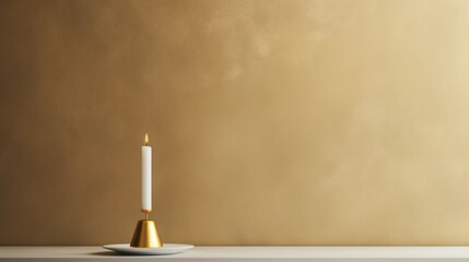 Wall Mural - A small golden candleholder with a bright candle in a muted minimalist room AI generated illustration