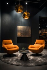 Wall Mural - A trendy interior space showcasing two oversized chairs under distinctive studio lighting  AI generated illustration